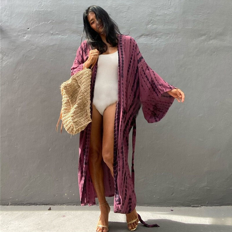 Long Sleeve Printing Waist Tied Casual Loose Long Beach Bikini Cardigan Cover-Up