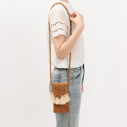 Tassel Hollow Out Beaded Shoulder Bag