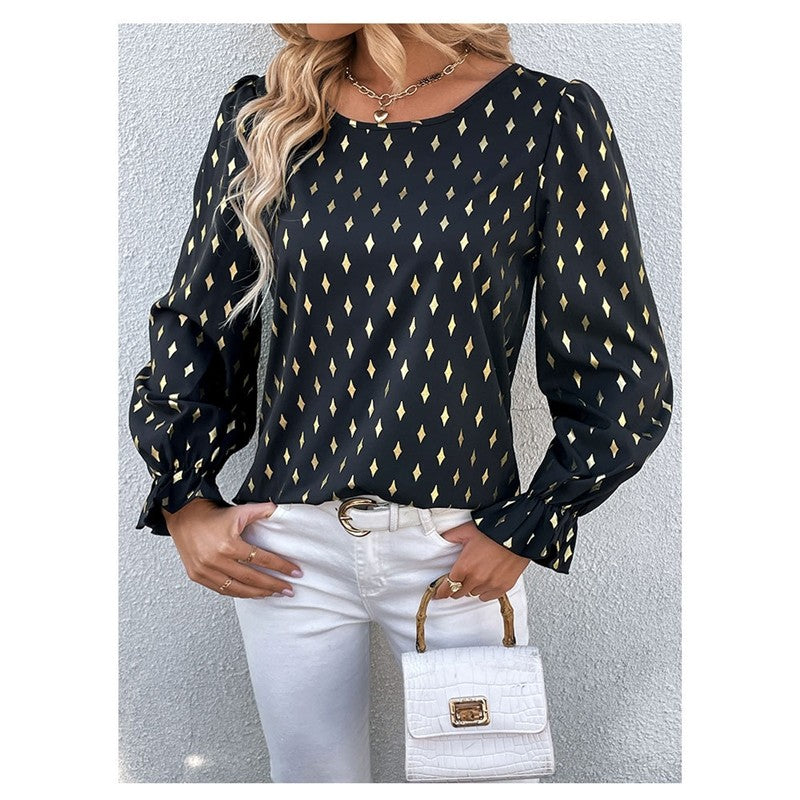 Long Sleeves Crewneck Printing Elegant Blouse Top
