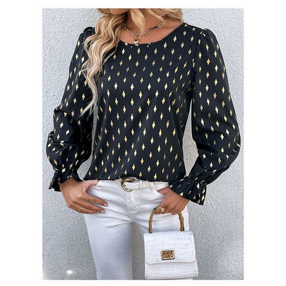 Long Sleeves Crewneck Printing Elegant Blouse Top