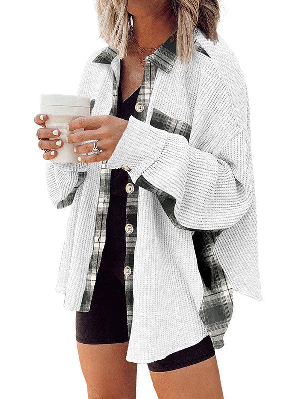 Waffle Plaid Splicing Lapel Button Down Shirts