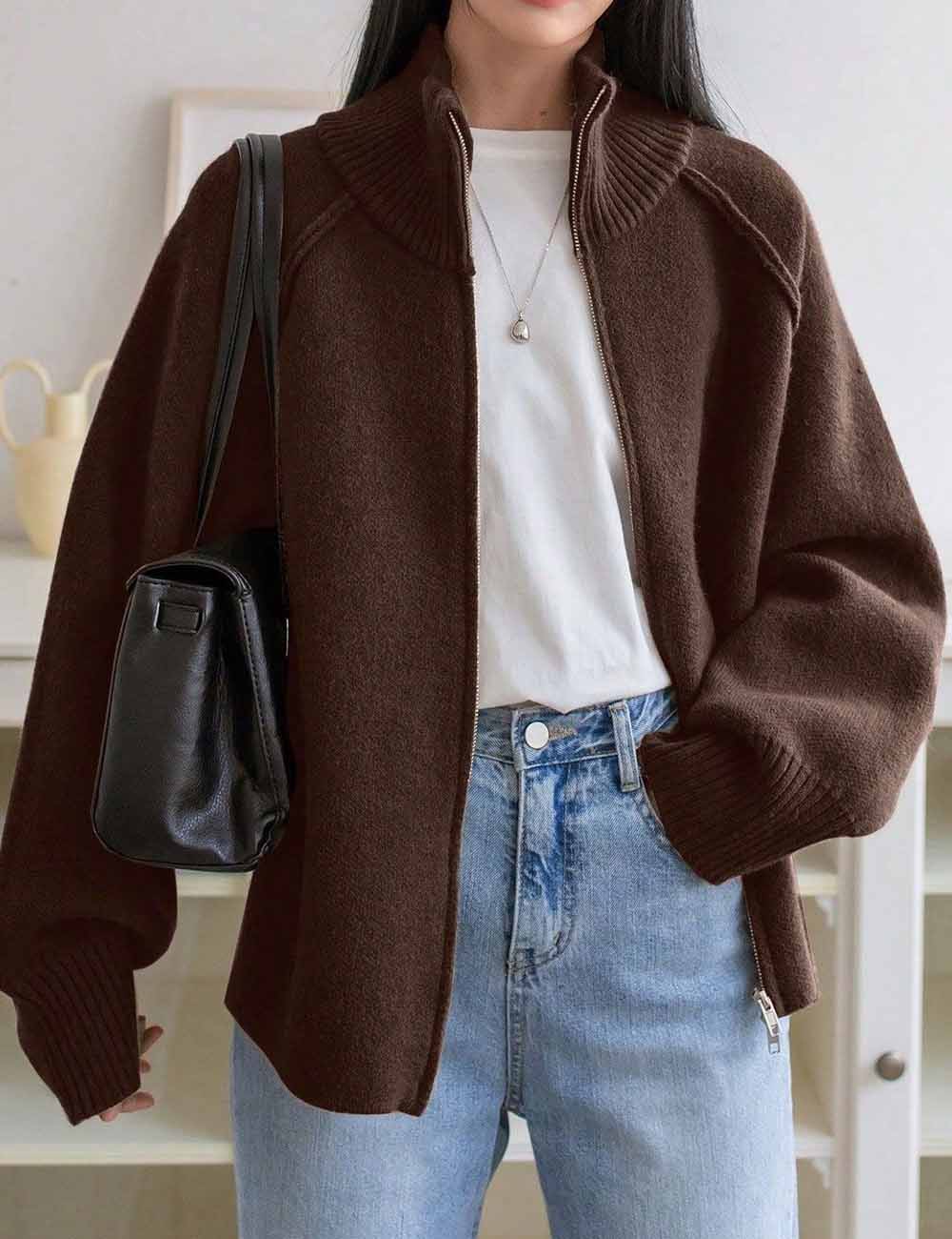 Solid Color High Neck Zip-Up Knit Cardigan