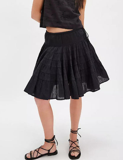 Solid Color Puffy String Midi Skirt