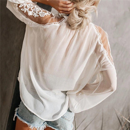 Loose Plain Hollow Long Sleeve Chiffon Blouse