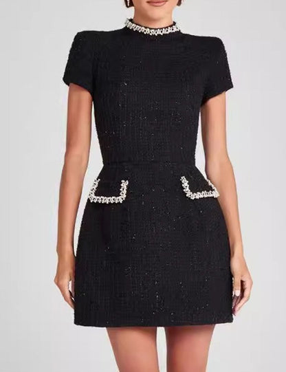 Pearl-Trimmed Slim Tweed Mini Dress