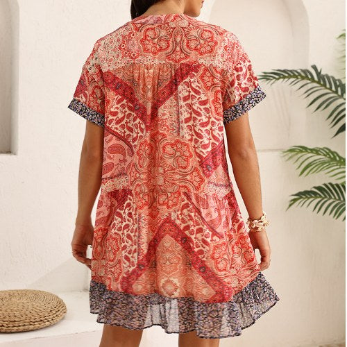 Bohemian V-Neck Print Chiffon Mini Dress
