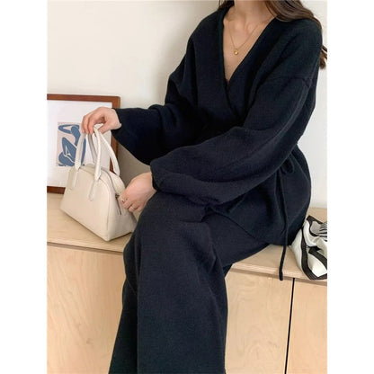 Knit Cardigan With Wide-Leg Pants Set American Retro Style Two-Piece