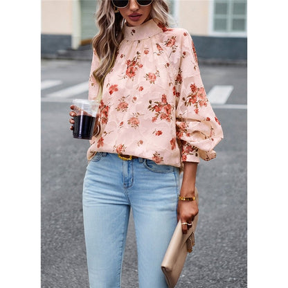 Long Sleeves Half Turtleneck Bandage Floral Printed Blouse