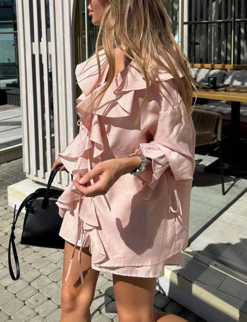 Loose Flounce String Shirt Short Set