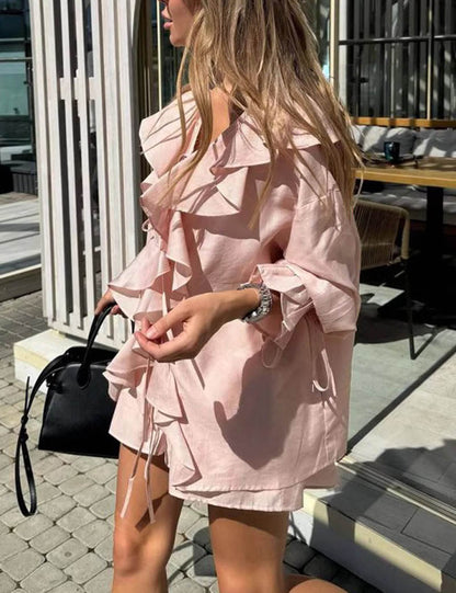 Loose Flounce String Shirt Short Set