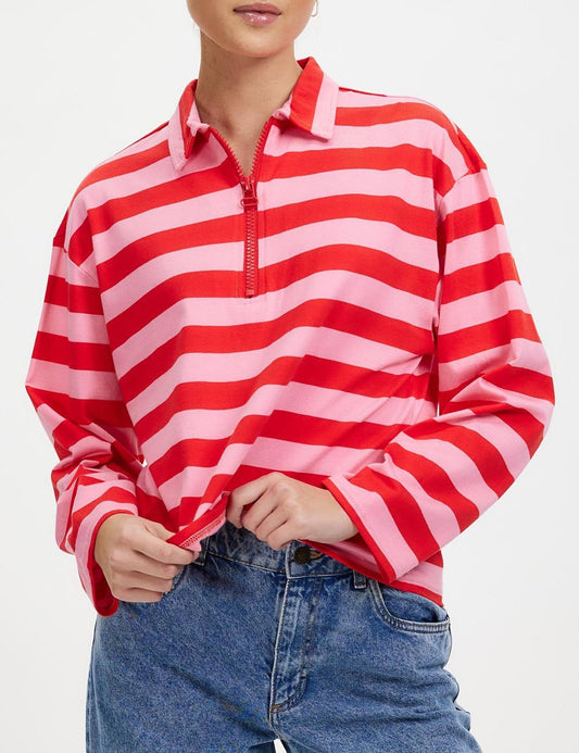 Cozy Striped Lapel Zip Polo Sweatshirt