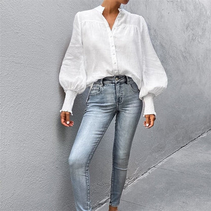 White Small Standing Neck Bubble Sleeve Top