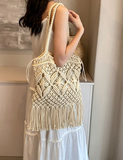 Tassel Hollow Out Woven Shoulder Bag