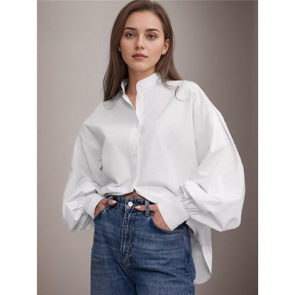 Solid Color Lapel Single Breasted Lantern Sleeves Blouse