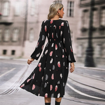 Women's V-Neck Balloon Sleeve Dress