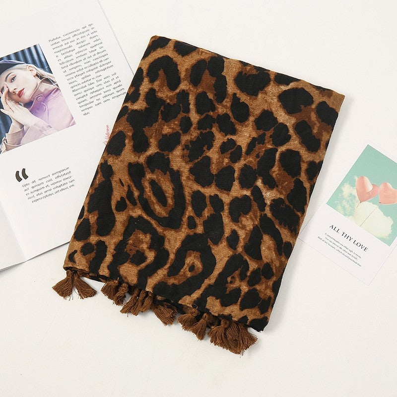 Fashion Colorblock Fringe Leopard Print Cotton Linen Scarf