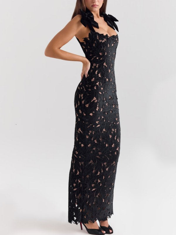 Bow Hollow Wrap Split Maxi Dress