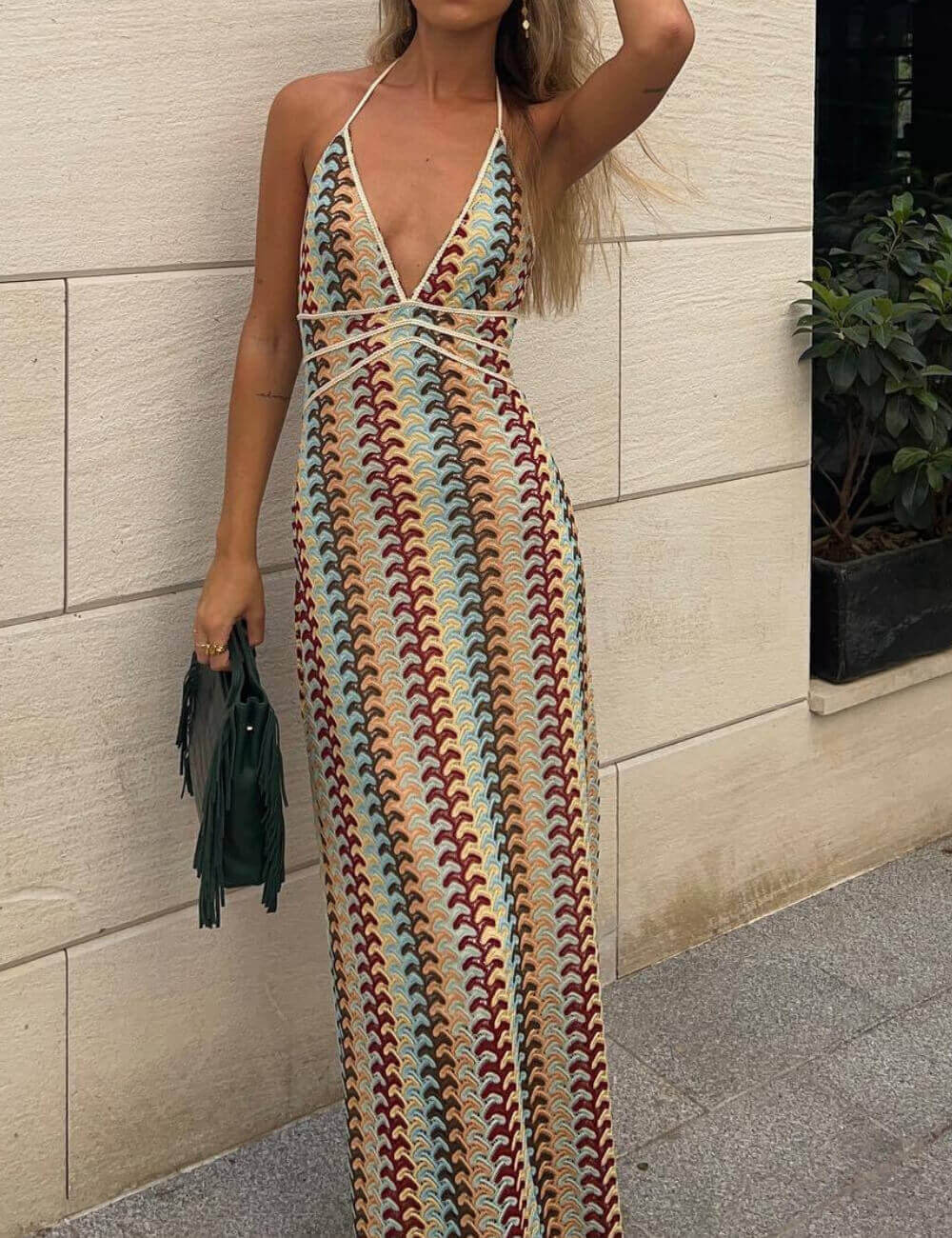 Crochet Printed Spaghetti Strap Maxi Dress