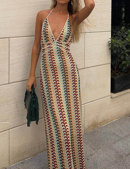 Crochet Printed Spaghetti Strap Maxi Dress