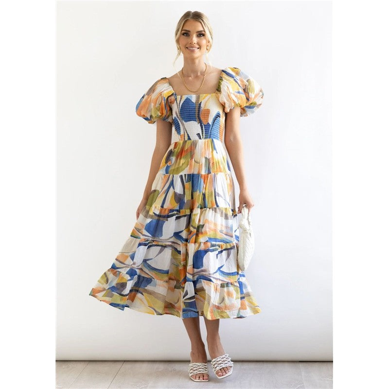 Boat Neck Puff Sleeve Elastic Waist A-Line Long Dress