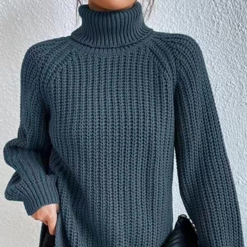 High Collar Raglan Sleeve Sweater Mid-Length Slit Hem Sweater
