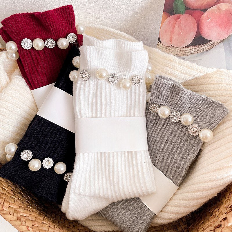 Rhinestone Pearl Solid Color Sweet Socks