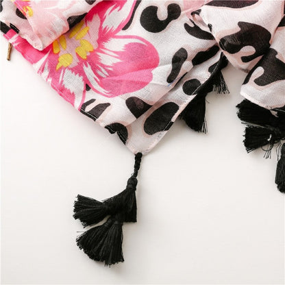Tropical Plant Floral Leopard Contrast Scarf