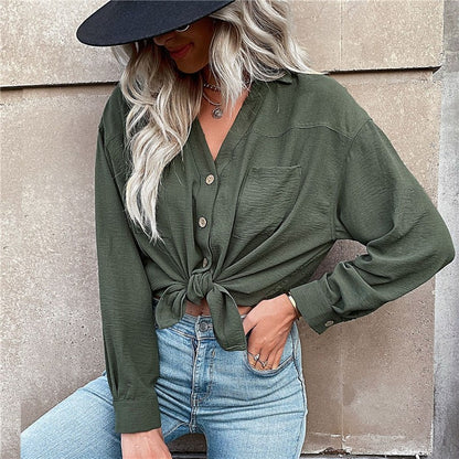 Army Green Casual Lapel Buttoned Blouse