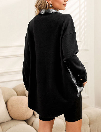 Waffle Plaid Splicing Lapel Button Down Shirts