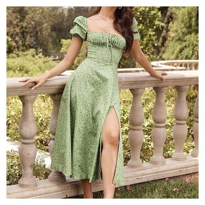 Floral Square Neck Slit Flared Spring Dress