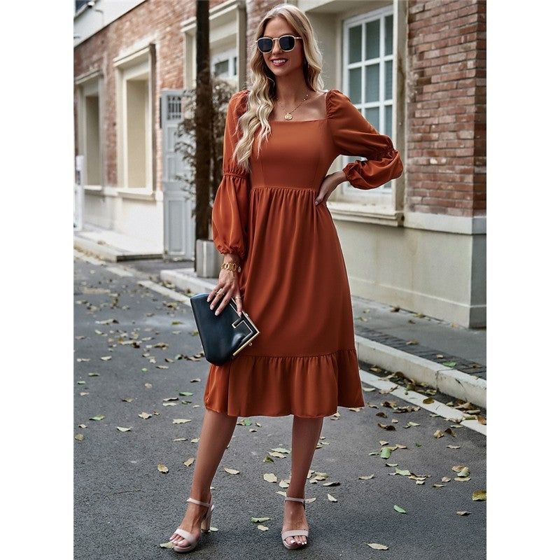 Solid Color Square Neck Ruffle Skirt Waisted Long-Sleeved Dress