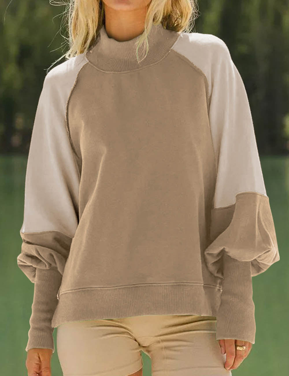 Casual Color Block Lantern Sleeve Sweatshirt