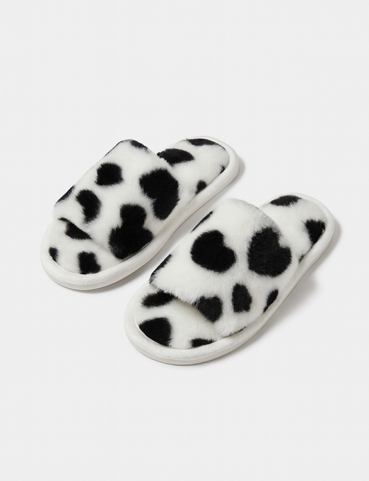 Fuzzy Heart Print Open Toe Home Slippers