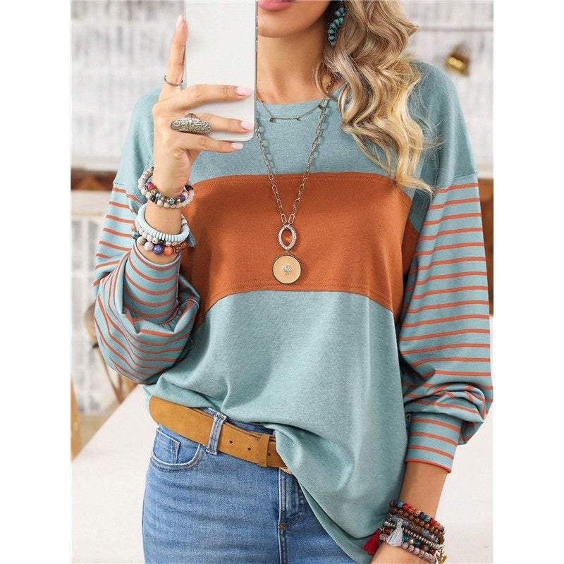 Round Neck Casual Striped Contrast Long-Sleeved T-Shirt