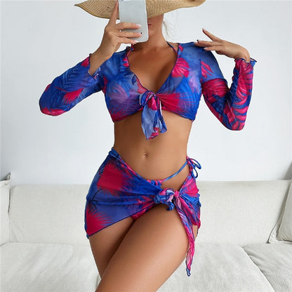 Split 4-Piece Long Sleeve Printed Tie-Up Bikini Swimsuit