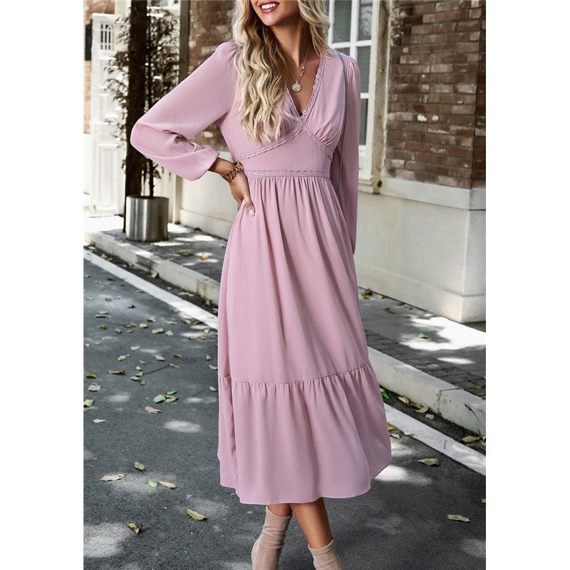 High Waist Solid Color V-Neck Dress