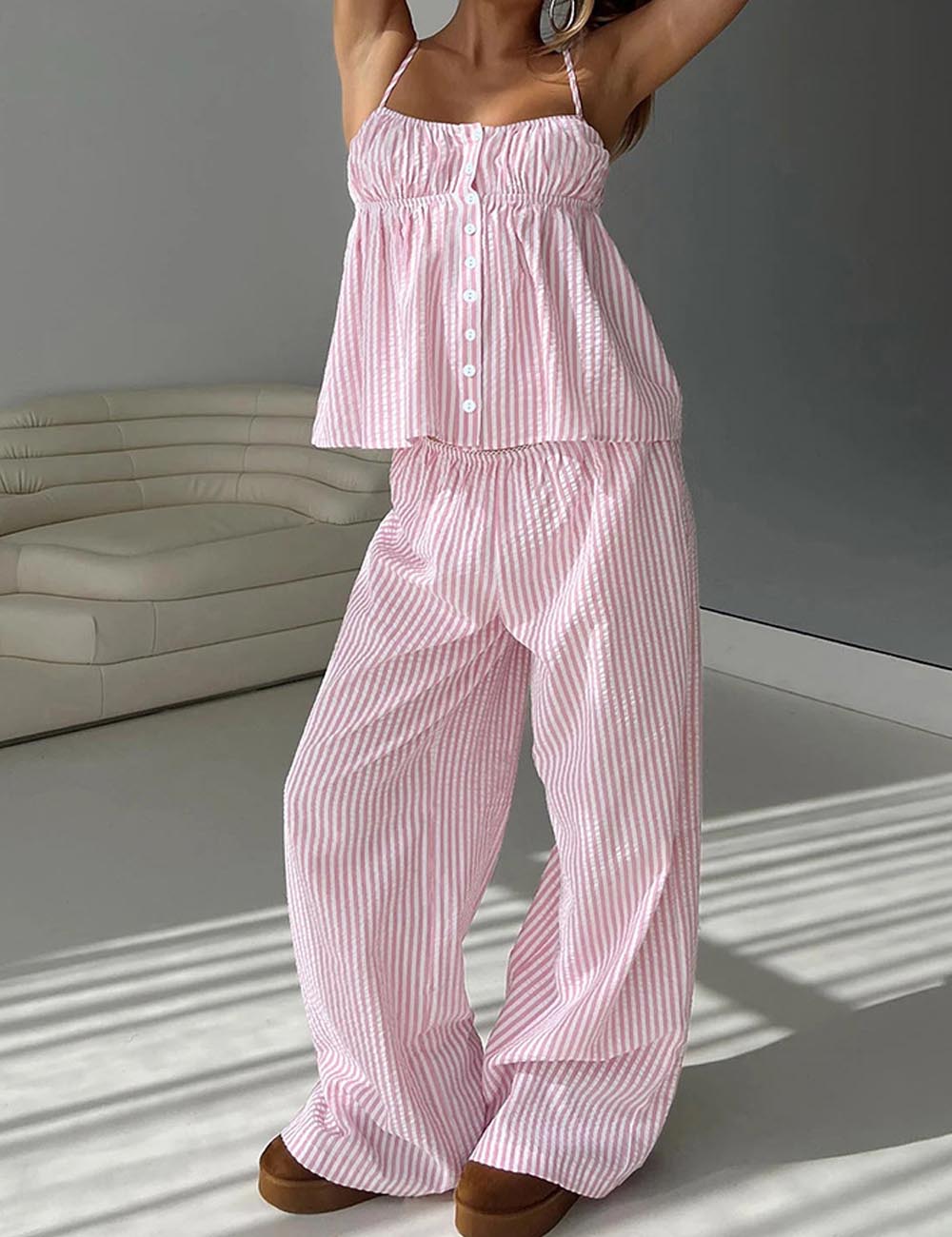 Minimalist Striped Cami Top Long Pants Set