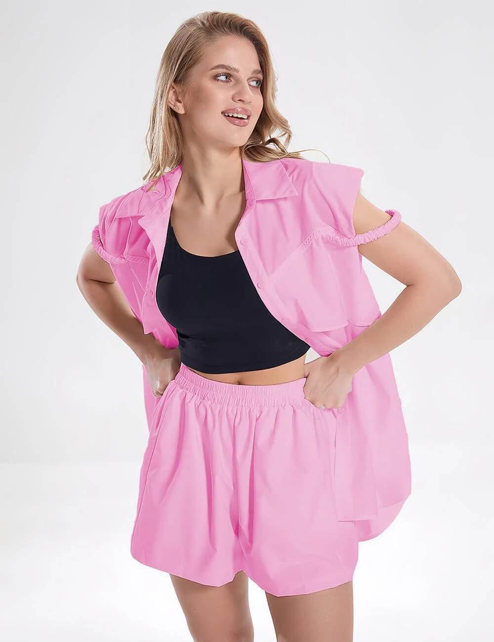 Sleevesless Botton Shirts Shorts Sets