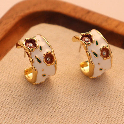 Vintage Flower Drip Glaze Enamel Hoop Earrings