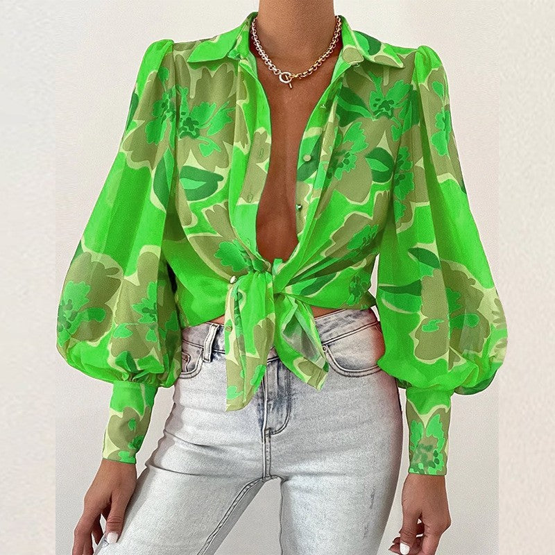 Thin Puff Sleeves Lapel Print Blouse