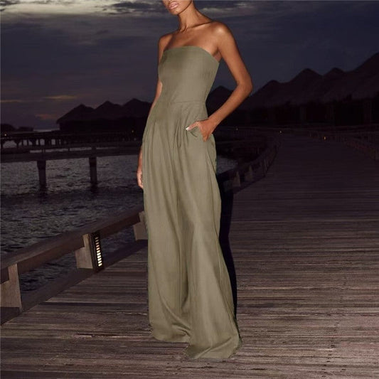 Solid Color Strapless Jumpsuit