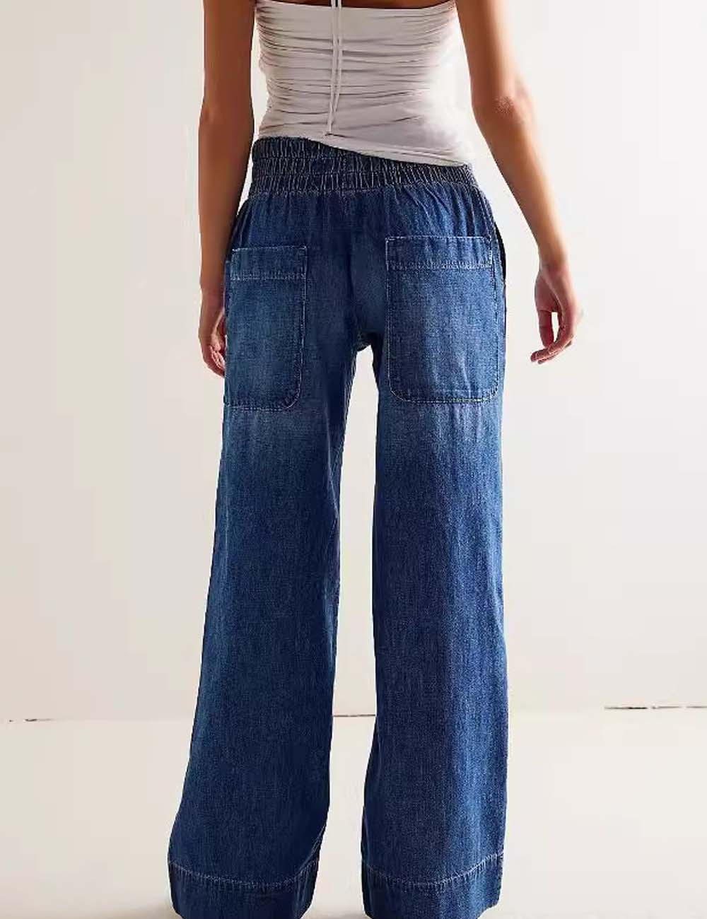 Casual Ruched Mid Waist Wide Leg Jeans