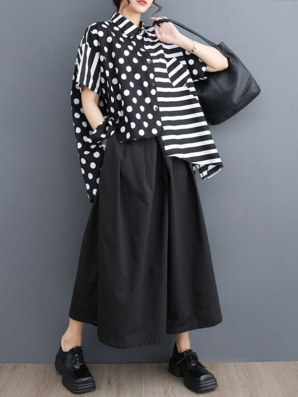 Loose Short Sleeves Buttoned Contrast Color Pockets Polka-Dot Split-Back Split-Joint Striped Lapel T-Shirts Tops