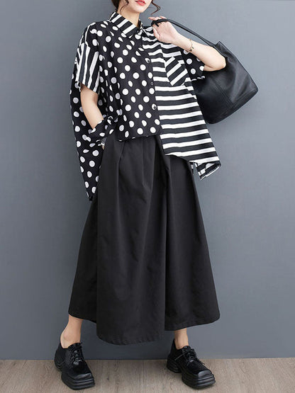 Loose Short Sleeves Buttoned Contrast Color Pockets Polka-Dot Split-Back Split-Joint Striped Lapel T-Shirts Tops