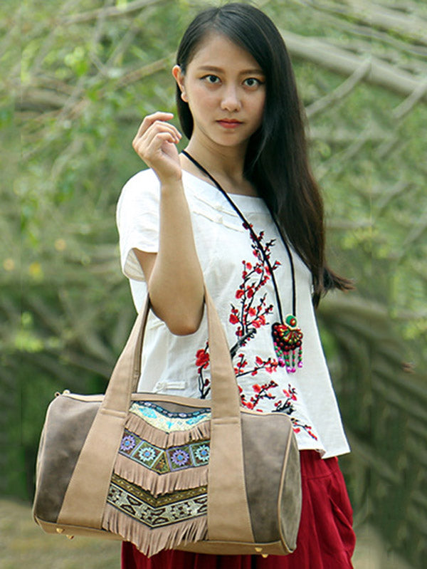 Khaki Tassels Emboridered Tote Bag