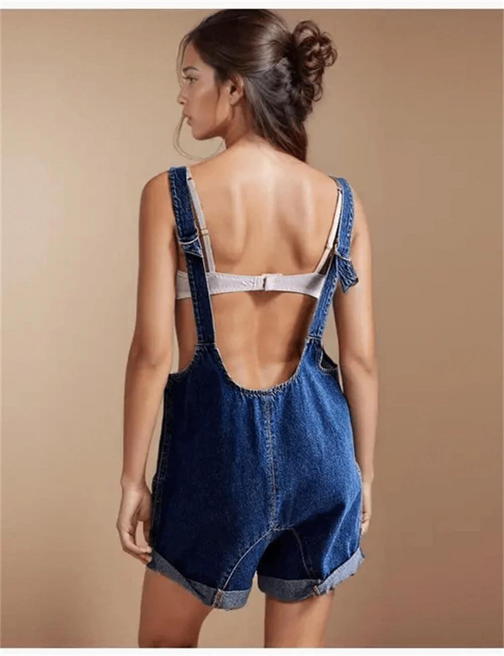 V-Neck Sleeveless Pocket Demin Jumpsuit