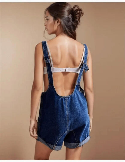 V-Neck Sleeveless Pocket Demin Jumpsuit