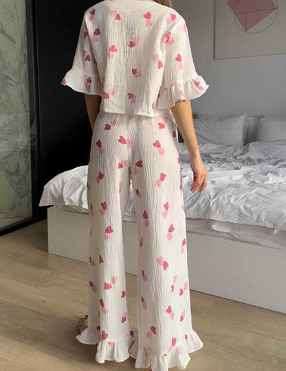 Elegant Print Ruffled Short Sleeve Pajamas Set