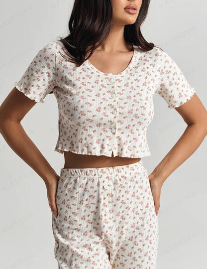 Floral Print Ruffle Top Pants Loungewear Set