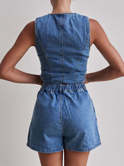 Sleeveless Button Vest Short Denim Set